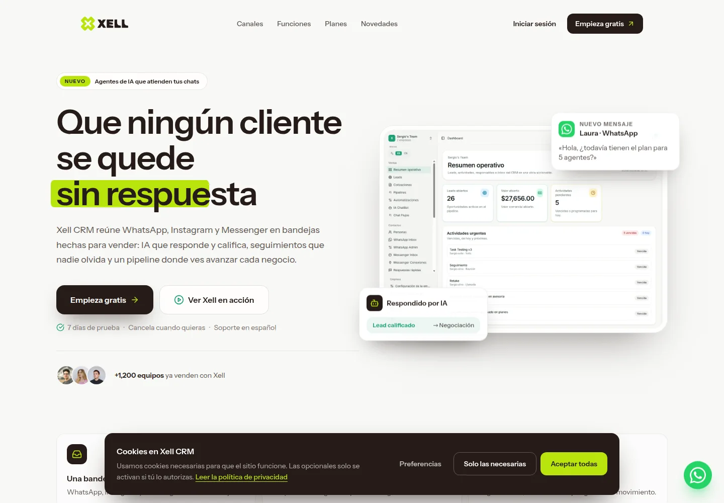 Página de inicio de Xell CRM